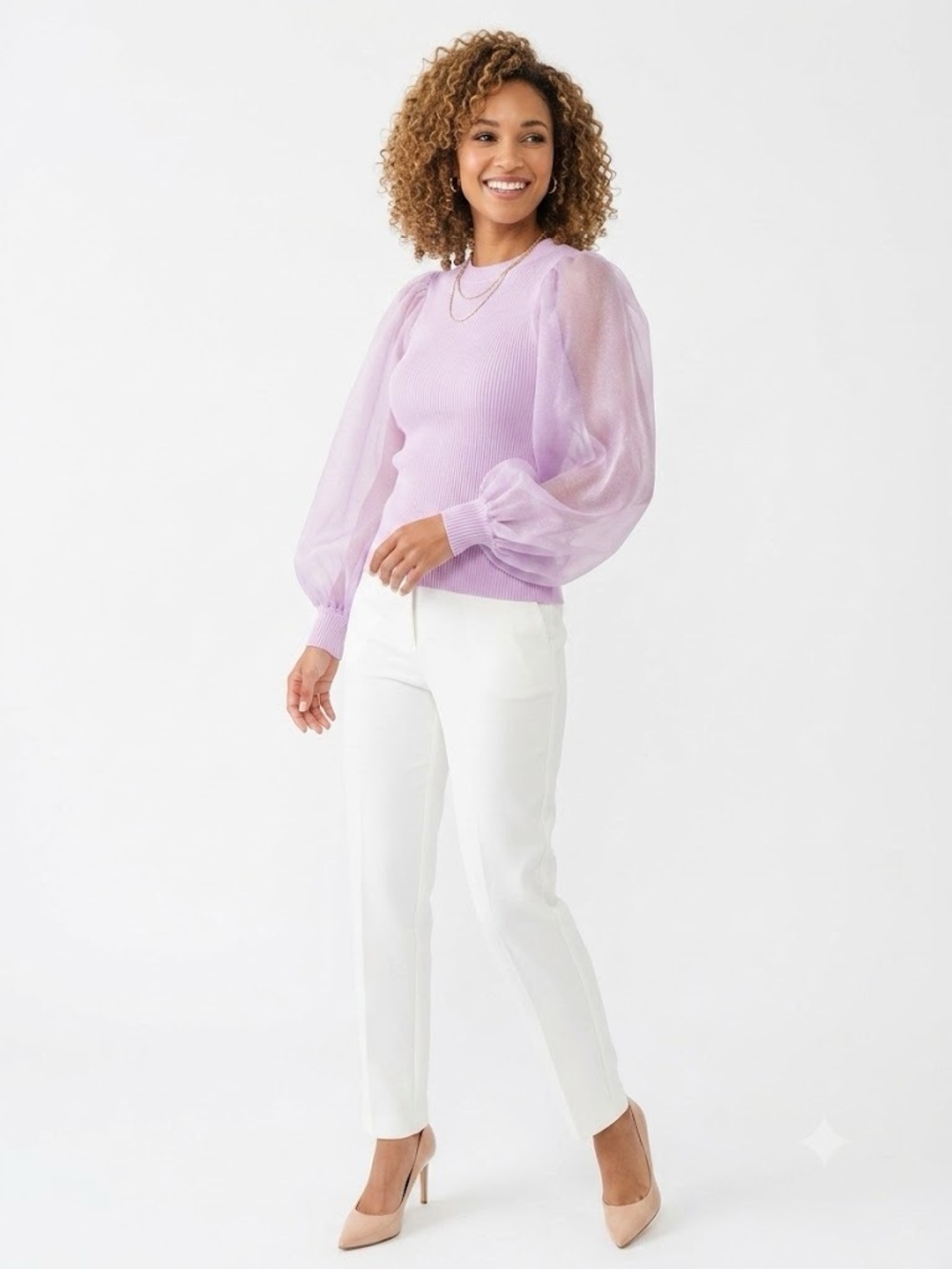 Tuckernuck Lilac Betsy Blouse Sheer Organza Puff Sleeve Ribbed Sweater Top